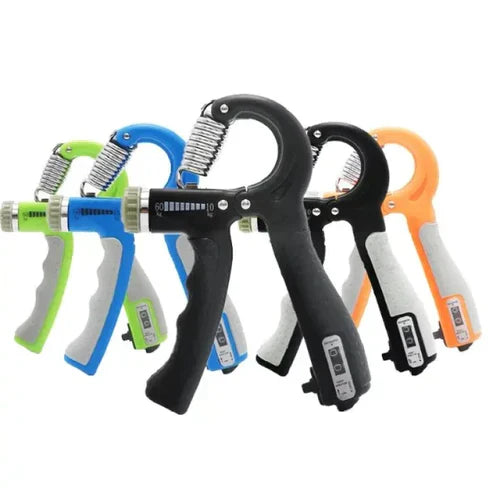 Adjustable hand grip strengthener exerciser in black, blue, green, orange, and gray colors for improving grip strength, finger, wrist, and forearm muscles.
