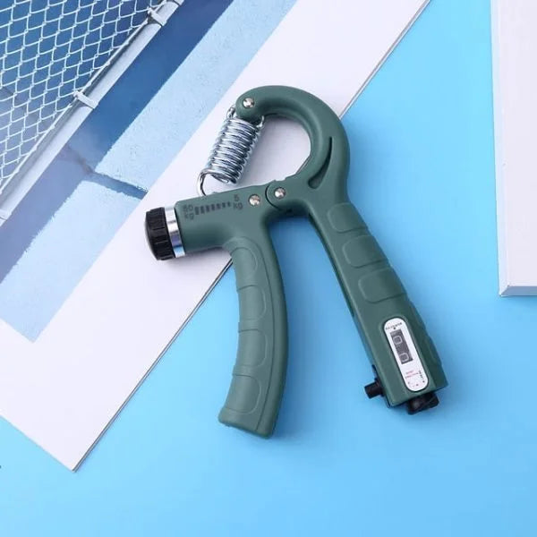 Adjustable hand grip strengthener with a built-in digital counter, ergonomic non-slip handles, and adjustable resistance, designed to improve grip strength, finger flexibility, wrist endurance, and forearm muscle training.