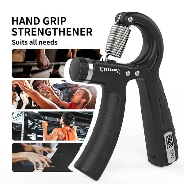 Black adjustable hand grip strengthener with a digital repetition counter and ergonomic non-slip handles, designed to improve grip strength, wrist power, finger flexibility, forearm muscles, and overall hand endurance for fitness, climbing, sports, and rehabilitation.