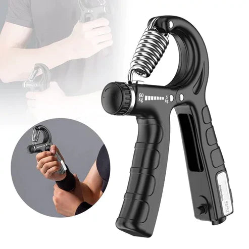 Black adjustable hand grip strengthener with 5–60kg resistance, designed for improving grip strength, wrist, finger, and forearm muscles.