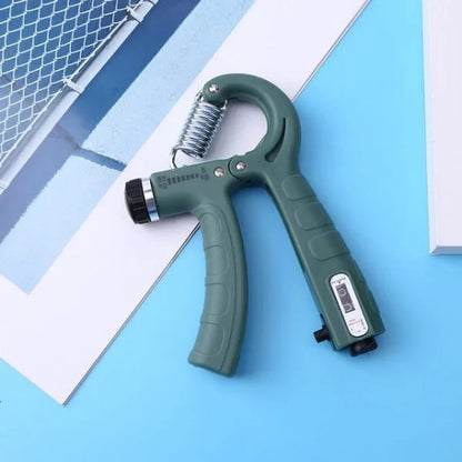 Adjustable hand grip strengthener with a built-in digital counter, ergonomic non-slip handles, and adjustable resistance, designed to improve grip strength, finger flexibility, wrist endurance, and forearm muscle training.