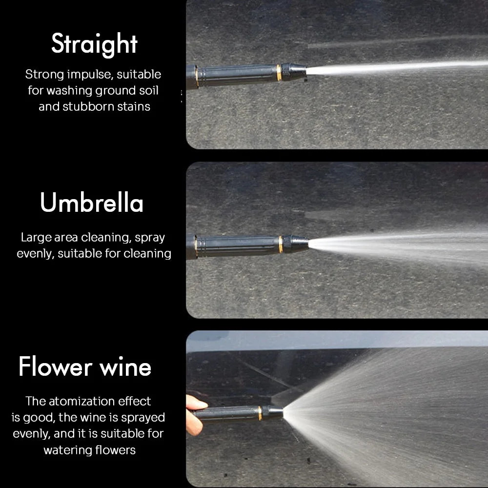 Cordless pressure washer nozzle demonstrating three adjustable spray patterns: straight jet spray for stubborn dirt and stains, fan spray for wide-area cleaning, and fine mist spray for watering plants and delicate surfaces.
