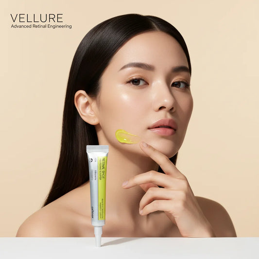 Model applying Celimax Retinal Shot Tightening Booster skincare cream to her face, featuring a retinal-based anti-aging formula that helps improve skin firmness, reduce fine lines, and promote a smooth, radiant complexion.