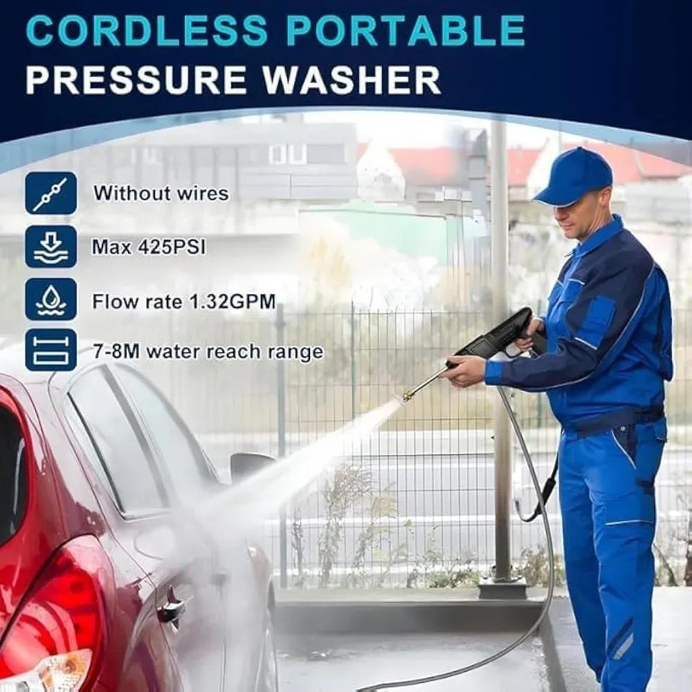 Cordless portable pressure washer being used to clean a red car outdoors. Features include wireless operation, maximum 425 PSI pressure, 1.32 GPM water flow rate, and 7–8 meter water reach range.