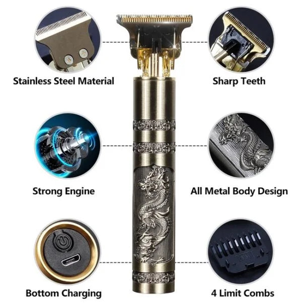 Professional dragon design cordless hair trimmer featuring a stainless steel T-blade, sharp cutting teeth, powerful motor, all-metal body, USB charging, and four guide combs for precision hair and beard trimming.