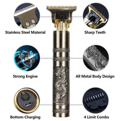 Professional dragon design cordless hair trimmer featuring a stainless steel T-blade, sharp cutting teeth, powerful motor, all-metal body, USB charging, and four guide combs for precision hair and beard trimming.