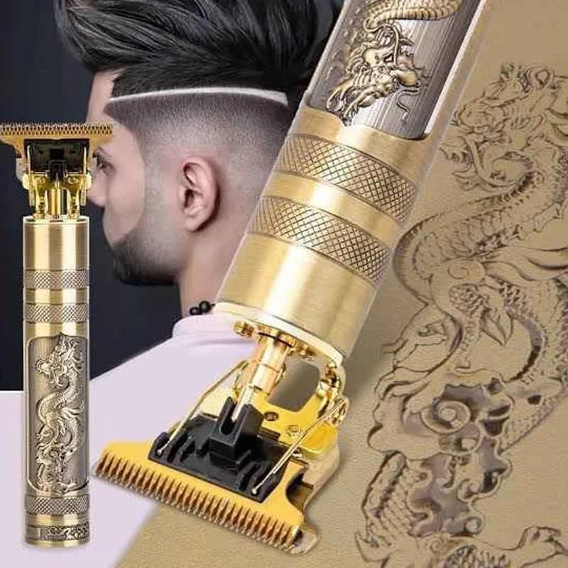 Gold cordless professional hair trimmer with dragon engraving, T-blade precision cutter, and stylish fade haircut example, ideal for beard trimming and barber use.