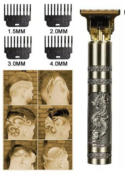 Professional cordless dragon design T-blade hair trimmer with 1.5mm, 2mm, 3mm, and 4mm guide combs, ideal for precision hair cutting, beard trimming, fades, and creative barber hair designs.